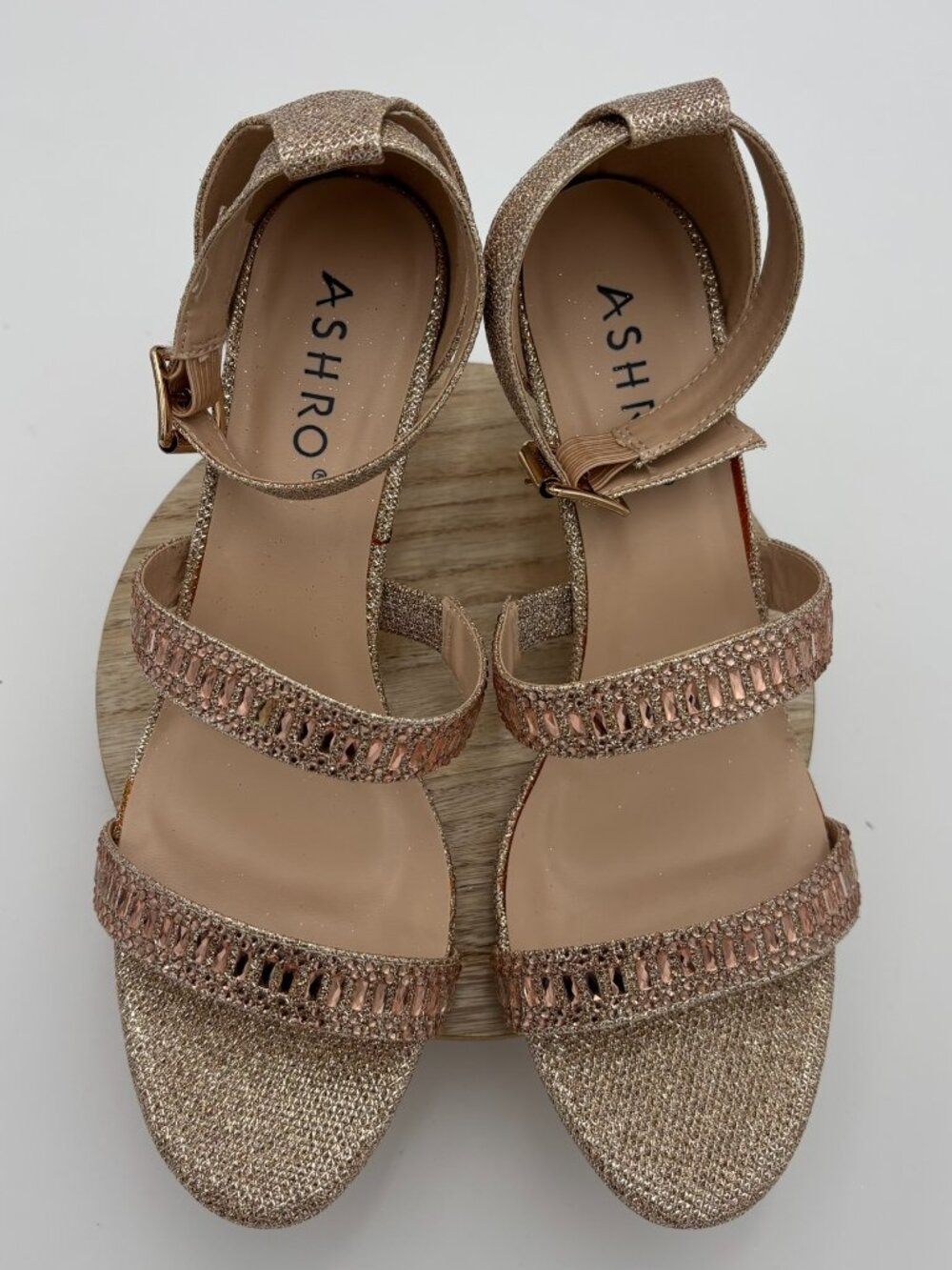 Ashro Rose Gold Shimmer Rhinestone Kitten Heels Ankle Strap Sandals Shoes 9M